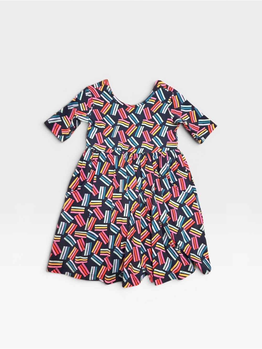 Hanna Andersson Navy Dress with Pink, Blue & Yellow Geometric Stripes
